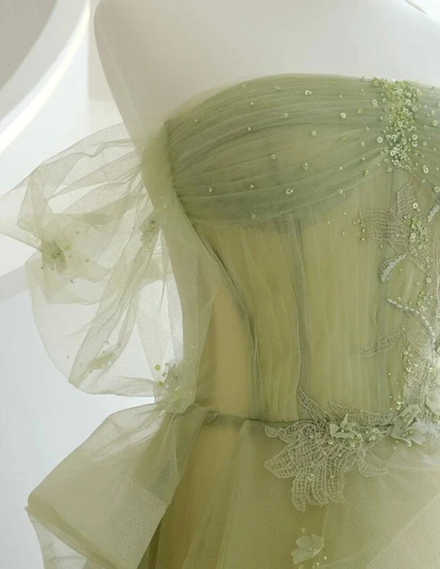 Light Green Tulle with Beaded A-line Prom Dress